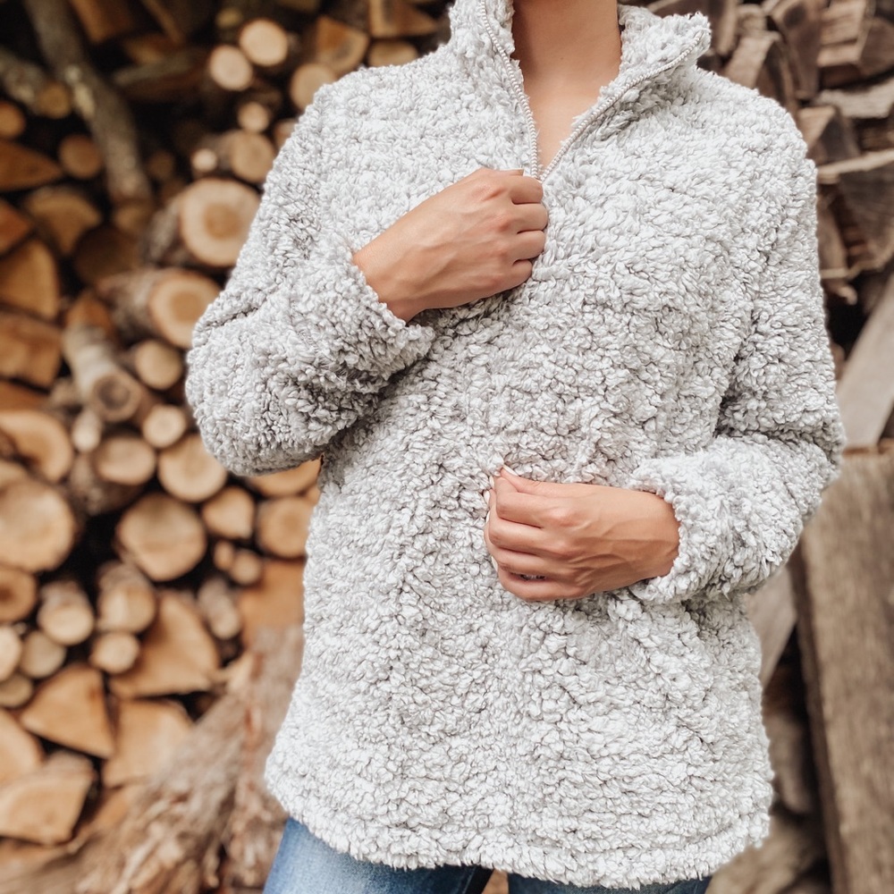 Frosty Tipped Sherpa Pullover Sweater w/ Pockets